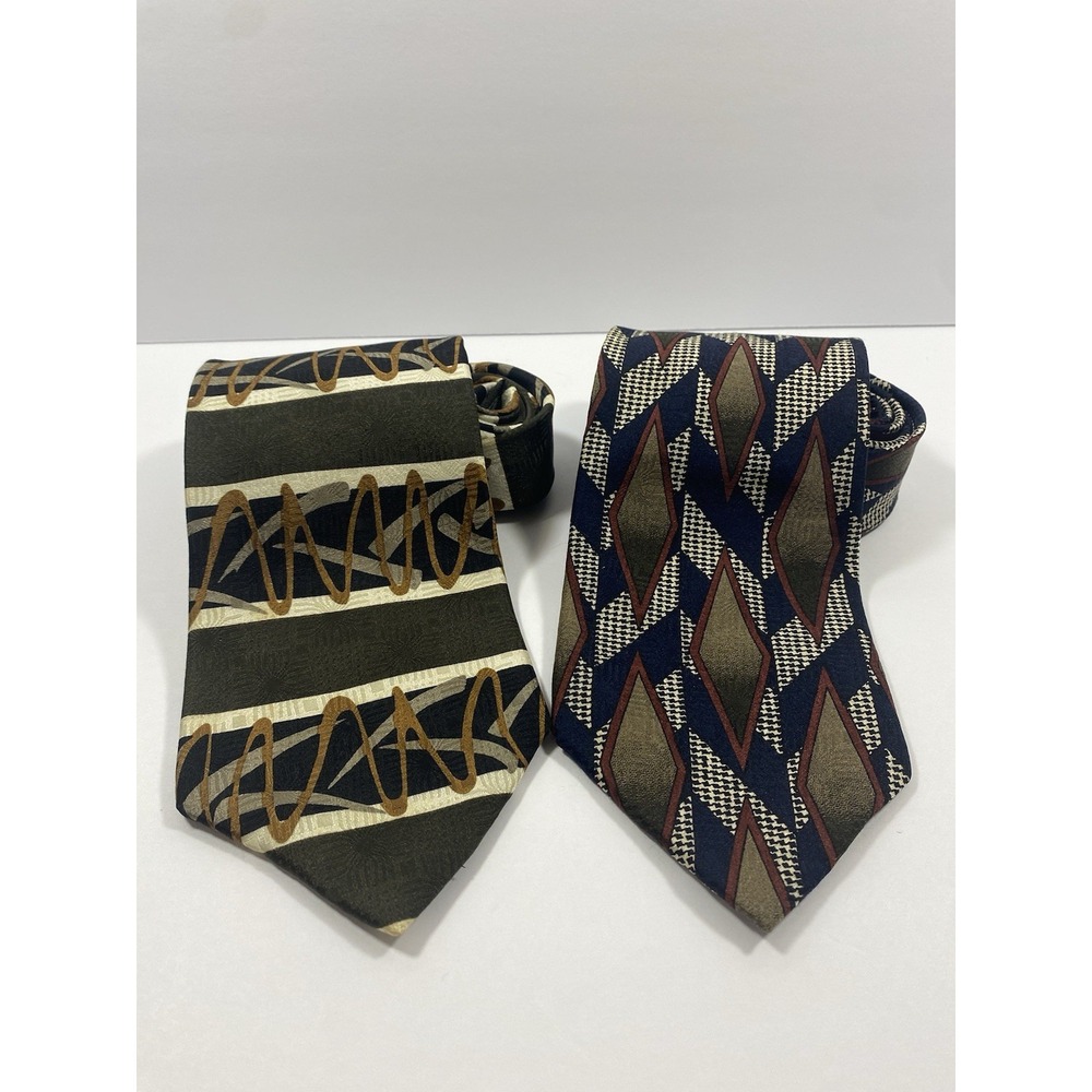 Cellini Usa Made Tie Silk Abstract+ Art Deco Lot Of 2 Ties 57"x4"